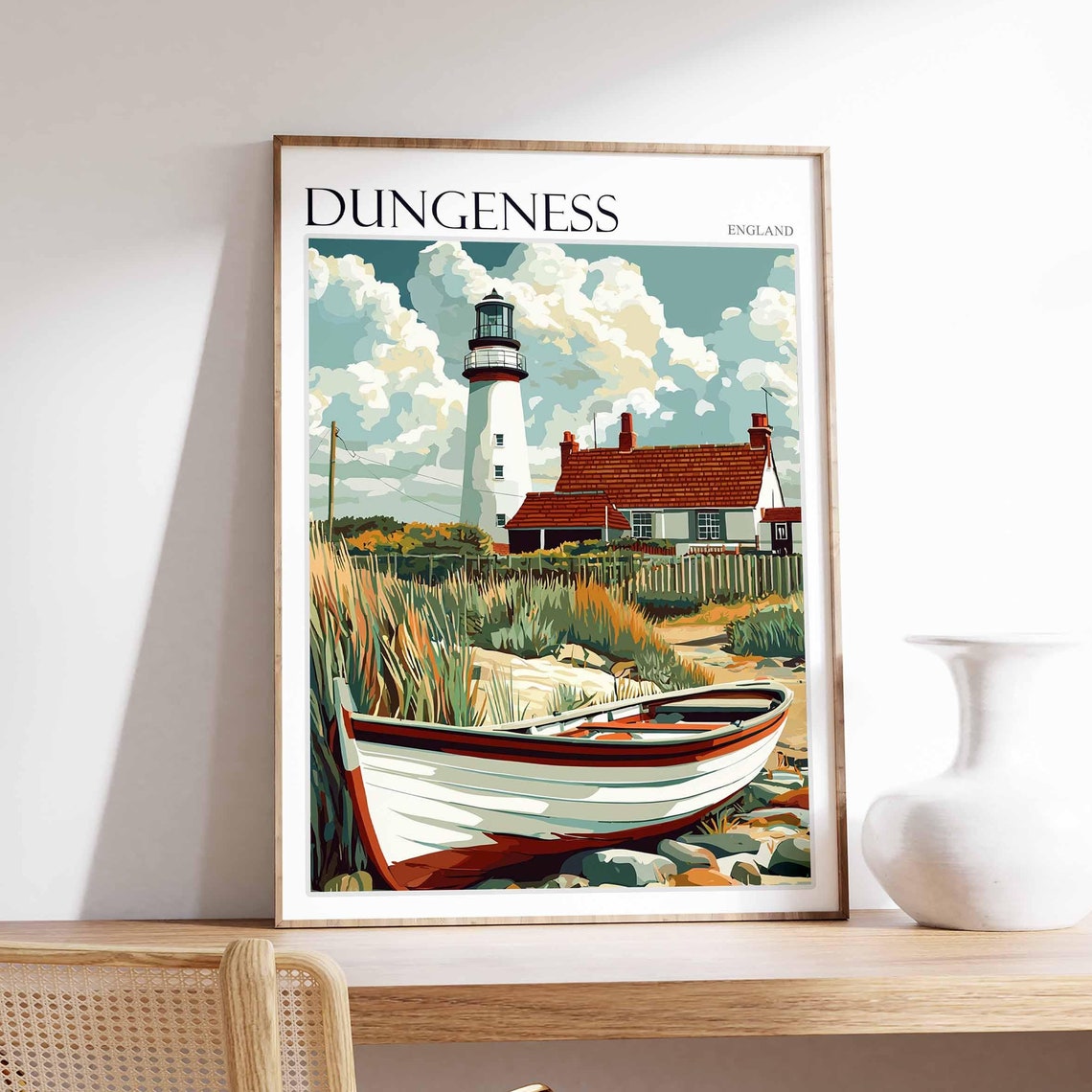Dungeness England Lighthouse and Rowboat Coastal Scene Poster