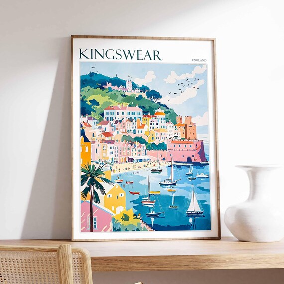 Kingswear England Hilltop Castle Harbor Boats Panorama View Poster