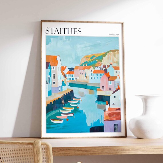 Staithes Row Of Boats Pastel Houses Harbor Bright England Travel Poster