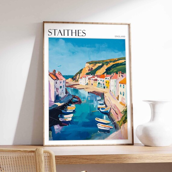 Staithes England Picturesque Fishing Harbor Boats Between Cottages Poster
