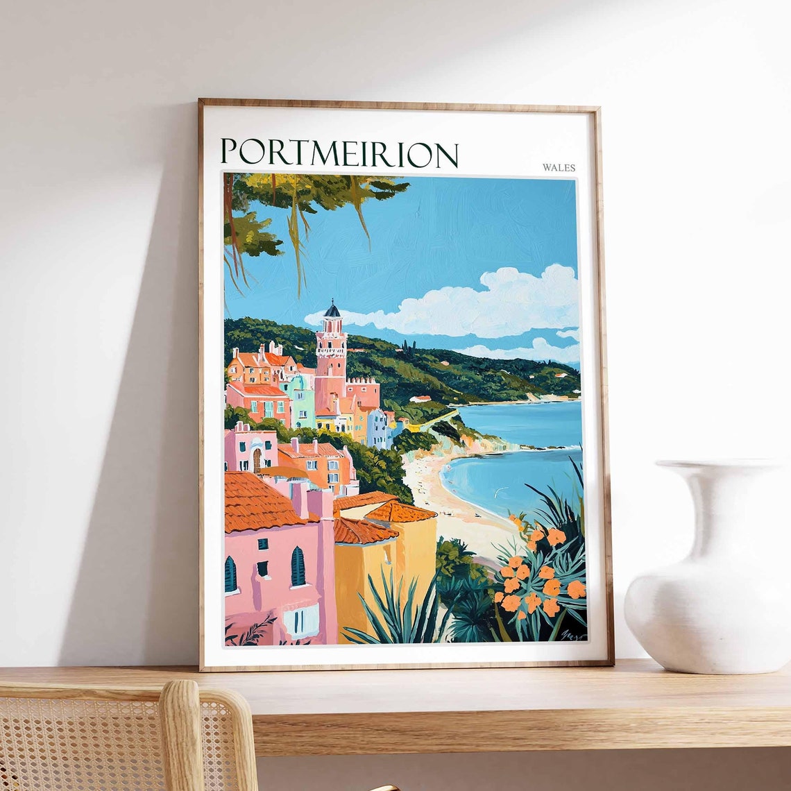Portmeirion Wales Terracotta Roofs Bell Tower Sandy Beach Art Poster
