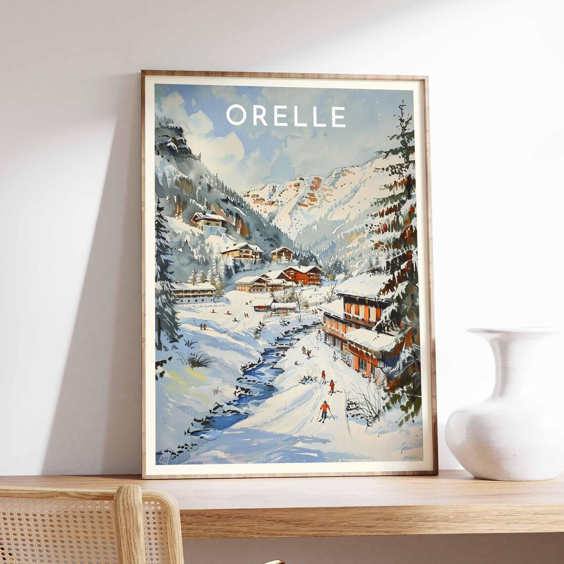 Orelle Watercolor Village Stream Skiers Mountain Travel Poster
