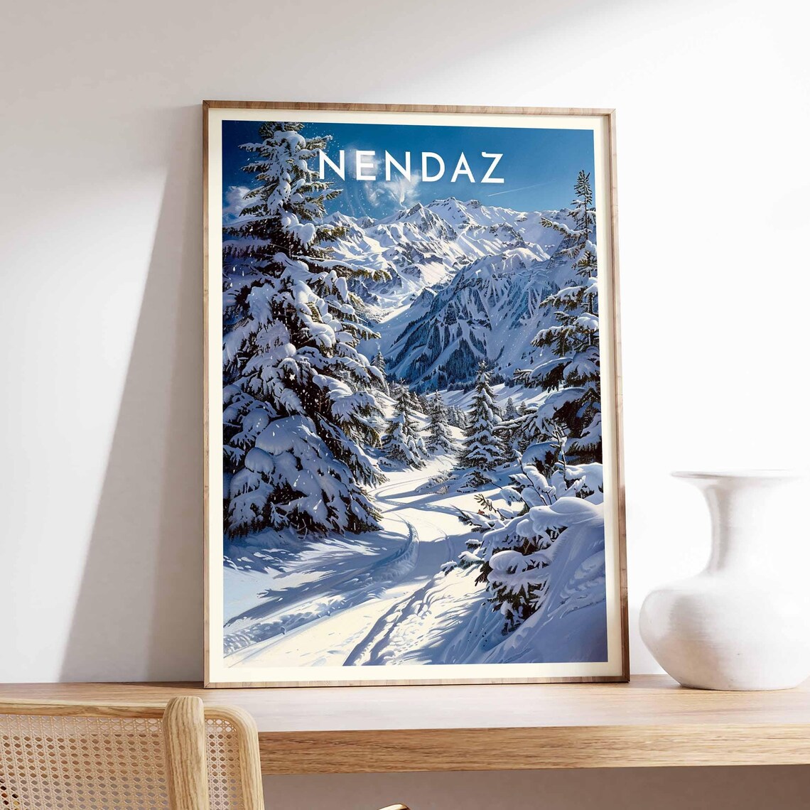 Nendaz Switzerland Snowy Trail Through Pines To Alpine Peaks Travel Poster