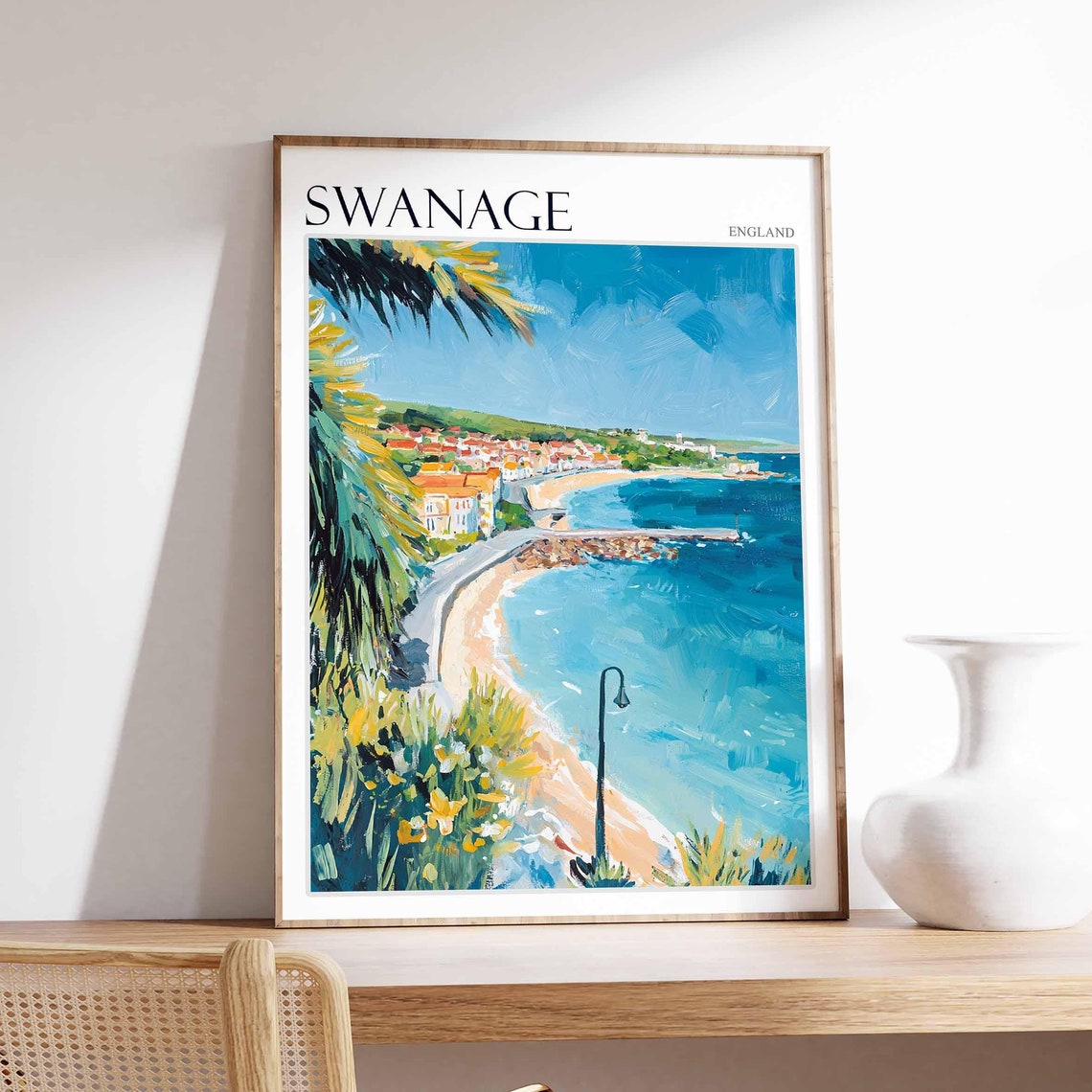 Swanage England Palm Fringed Beach Promenade and Seaside Town Poster
