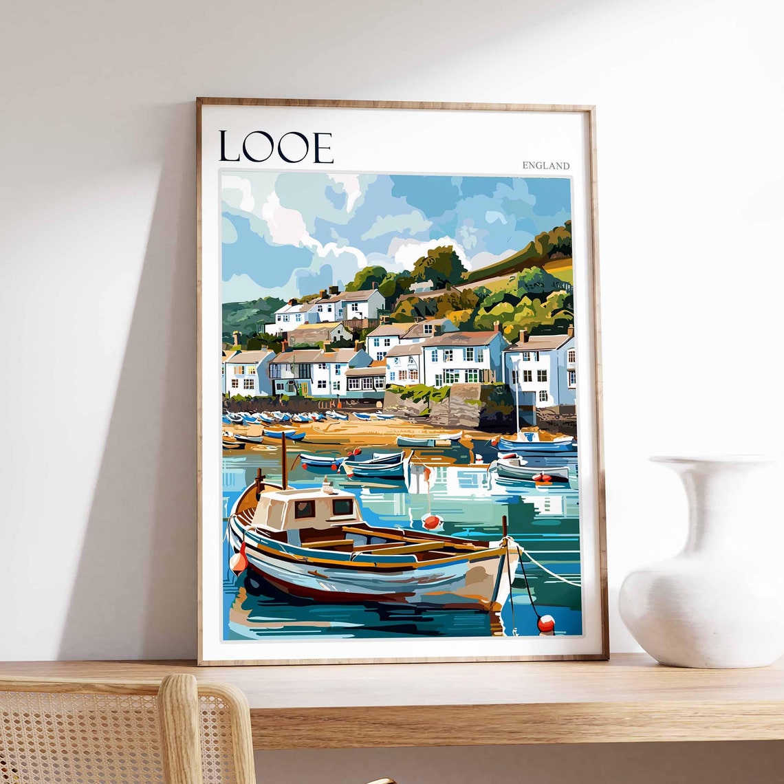 Looe England Fishing Boat Closeup Whitewashed Cottages Harbor Poster