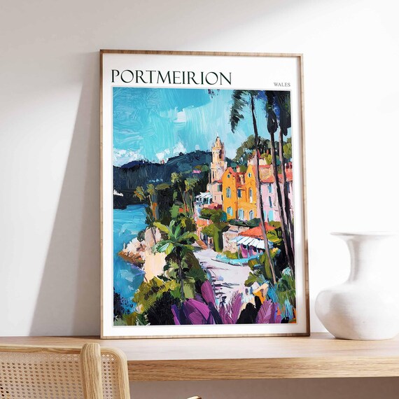 Portmeirion Wales Impressionist Shore Palms Teal Sea Art Poster