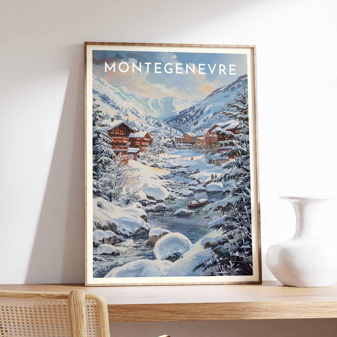 Montgenevre France Snowy Valley Stream Chalets Winter Poster