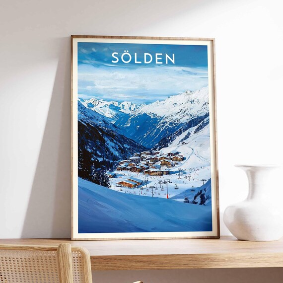 Sölden Deep Blue Alpine Valley Panorama with Ski Chalets Poster