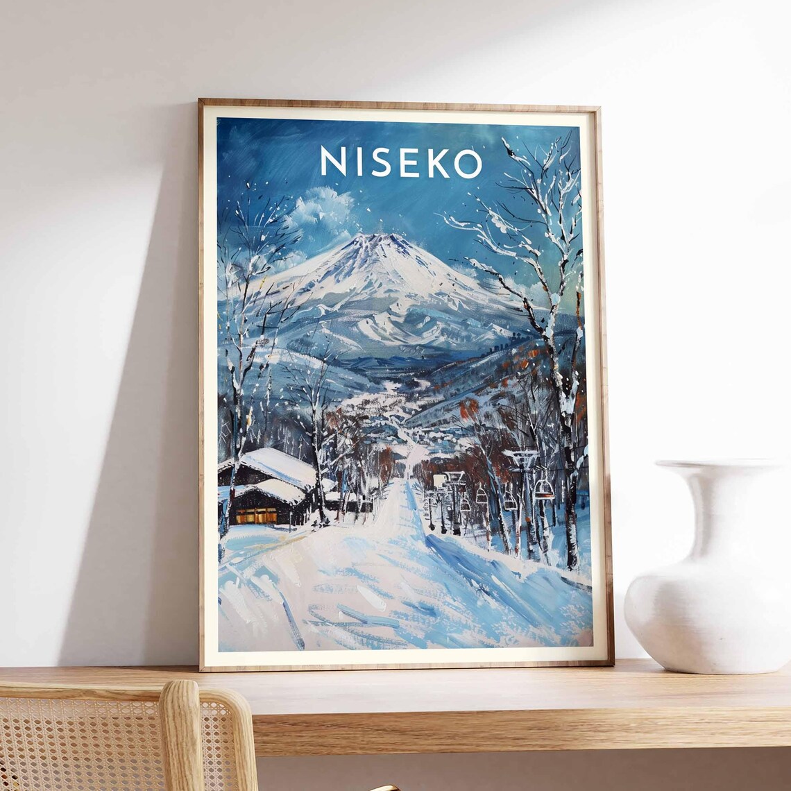 Niseko Japan Chairlift Slope Below Snow Peak Village Blue Travel Poster
