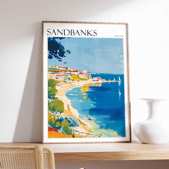 Sandbanks England Wide Bay Sailboats Hillside Town Summer Poster