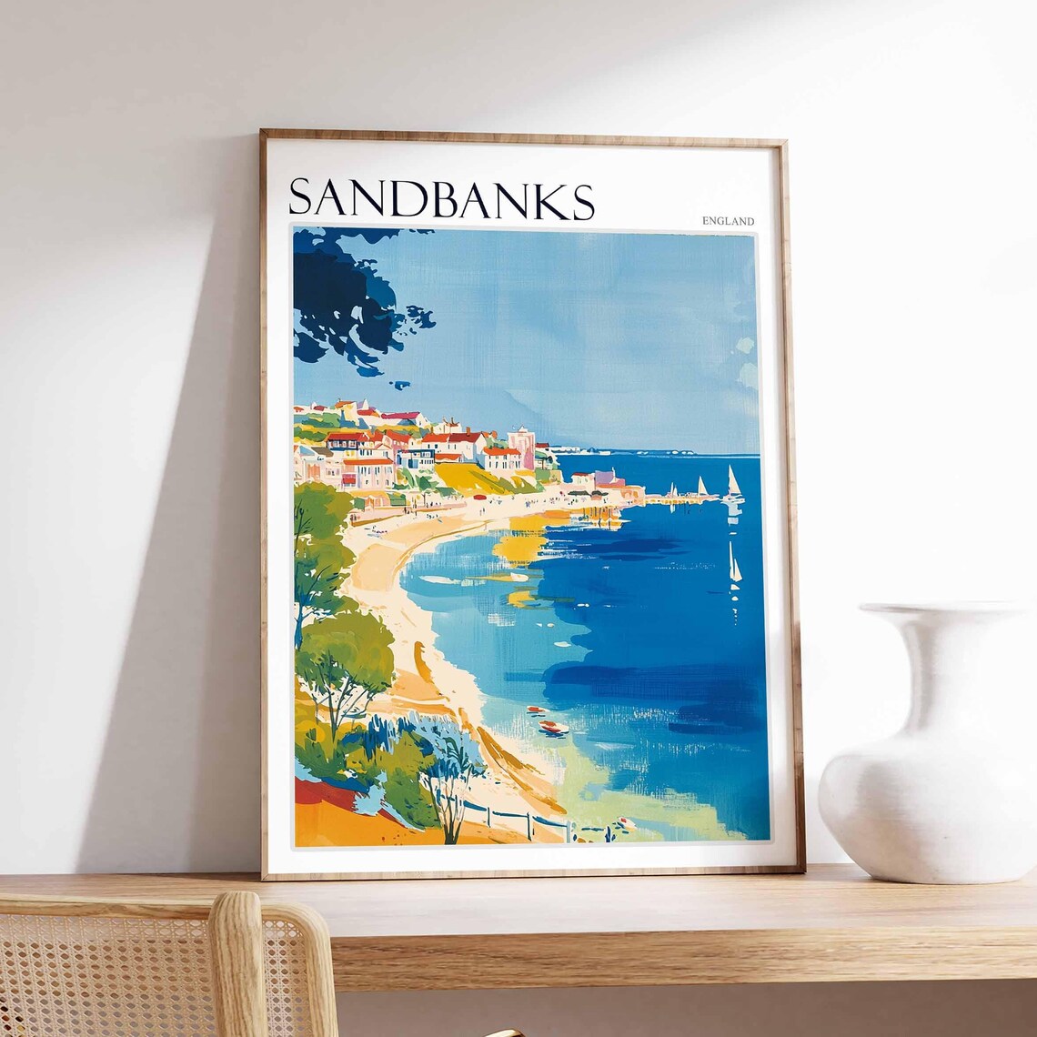 Sandbanks England Wide Bay Sailboats Hillside Town Summer Poster