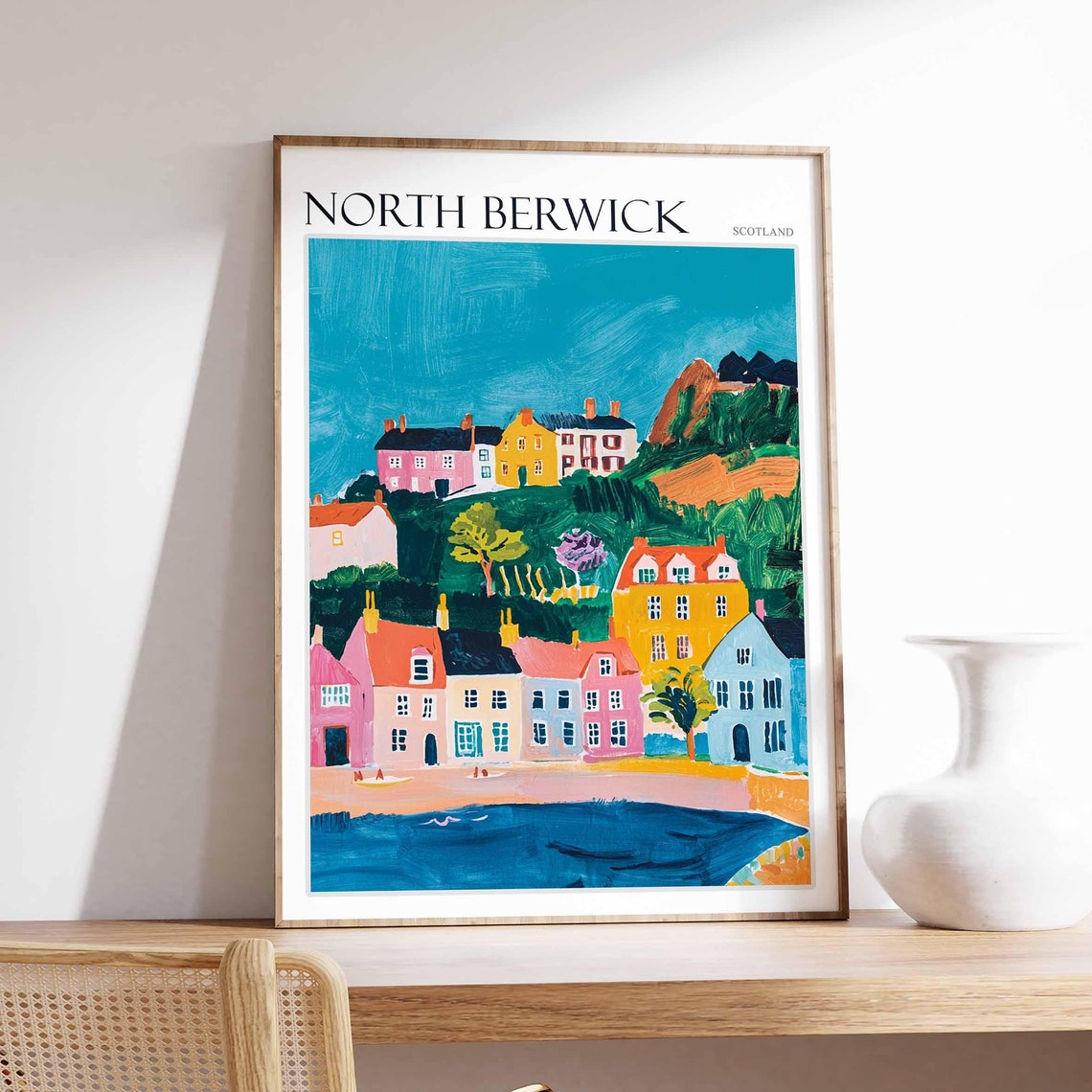 North Berwick Hillside Town Seaside View Scotland Travel Poster