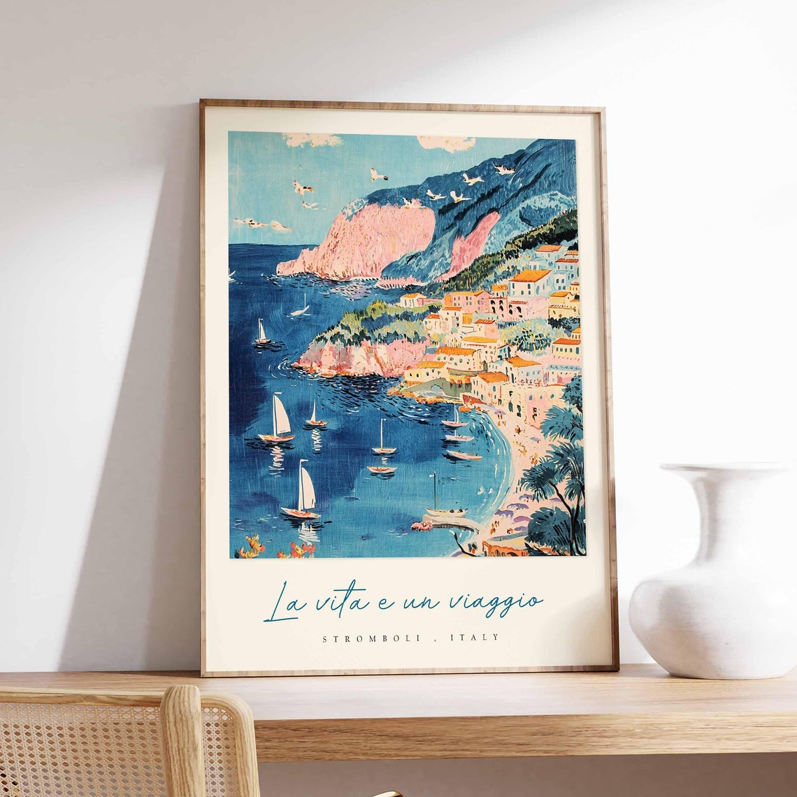 Stromboli Italy Sailboat Poster Bay With Pink Cliffs And Village