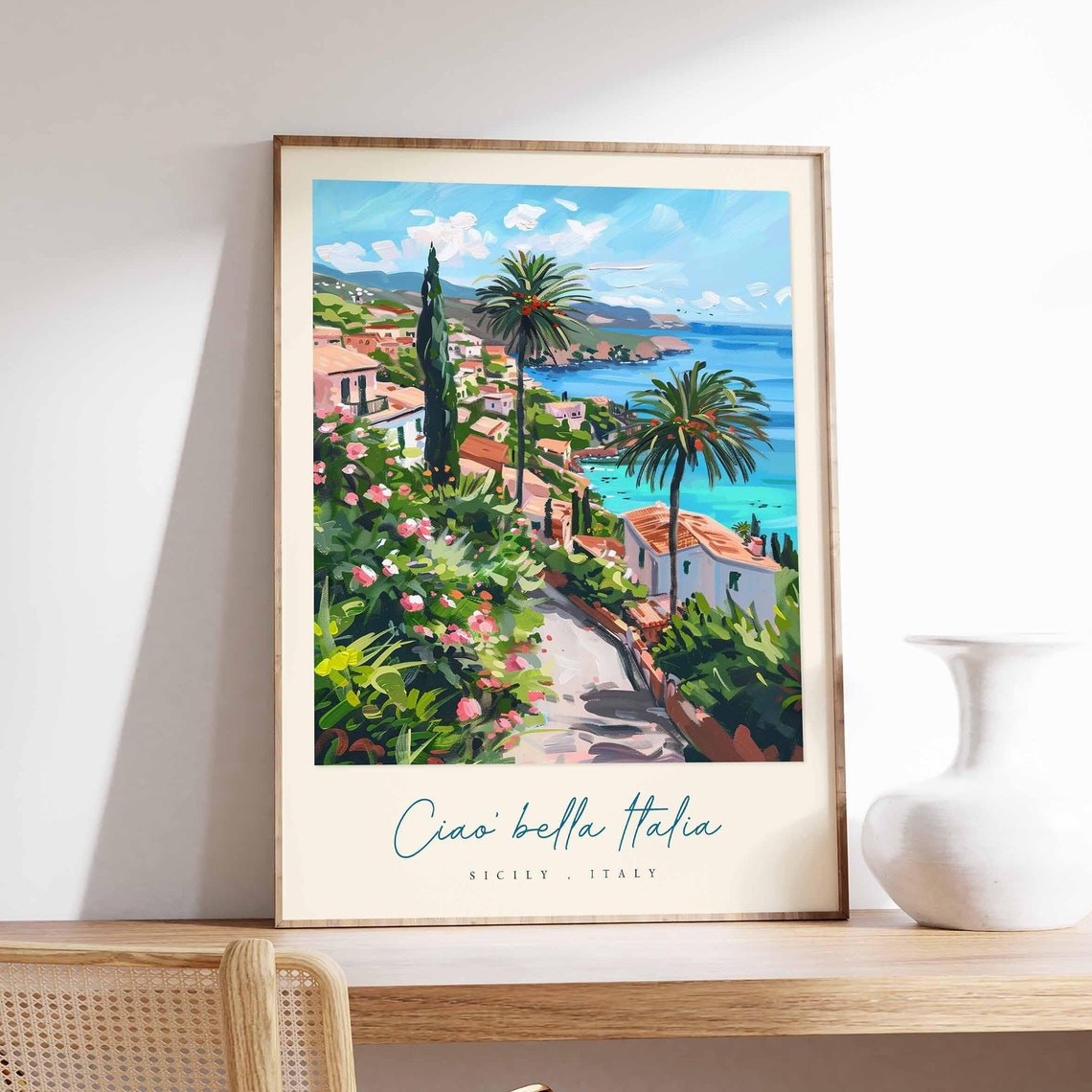 Sicily Italy Garden Poster Flower Path Palms And Coastal Town View