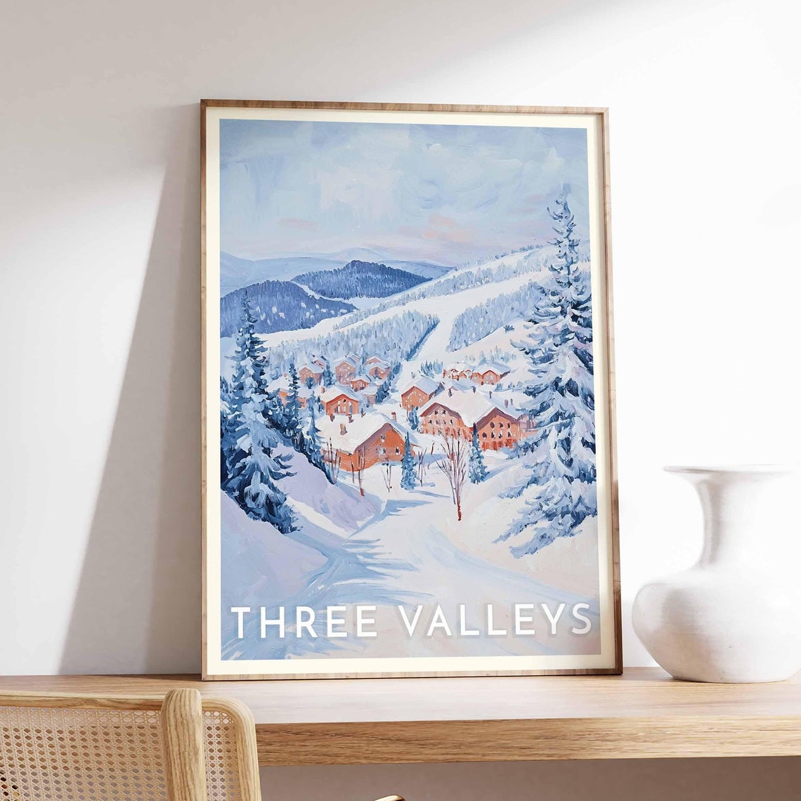 Three Valleys Snowy Valley Trail Through Pine Chalets Poster