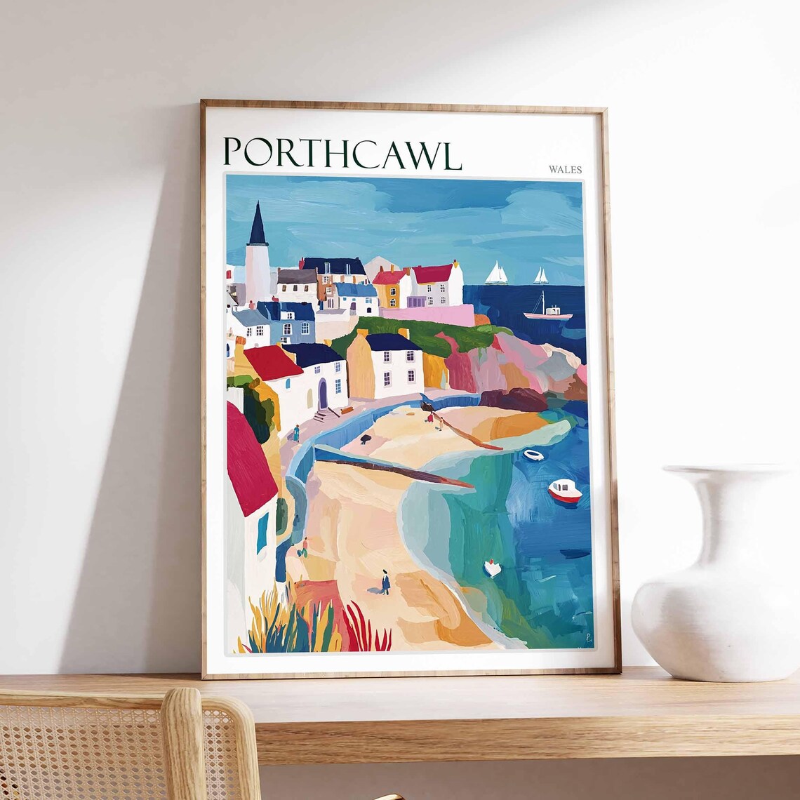 Porthcawl Wales Harbor Town Sailboats Scene Vintage Travel Poster