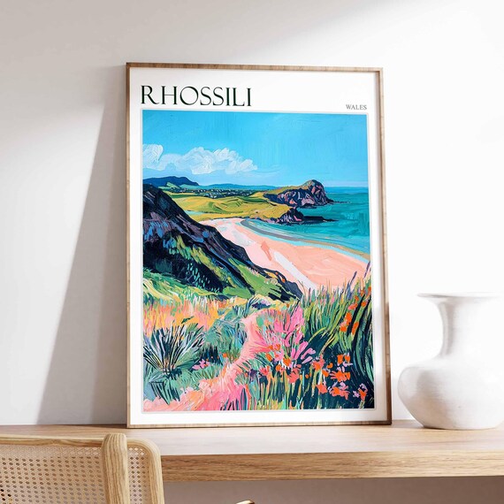 Rhossili Wales Coastal Path Wildflowers Pink Beach Art Poster