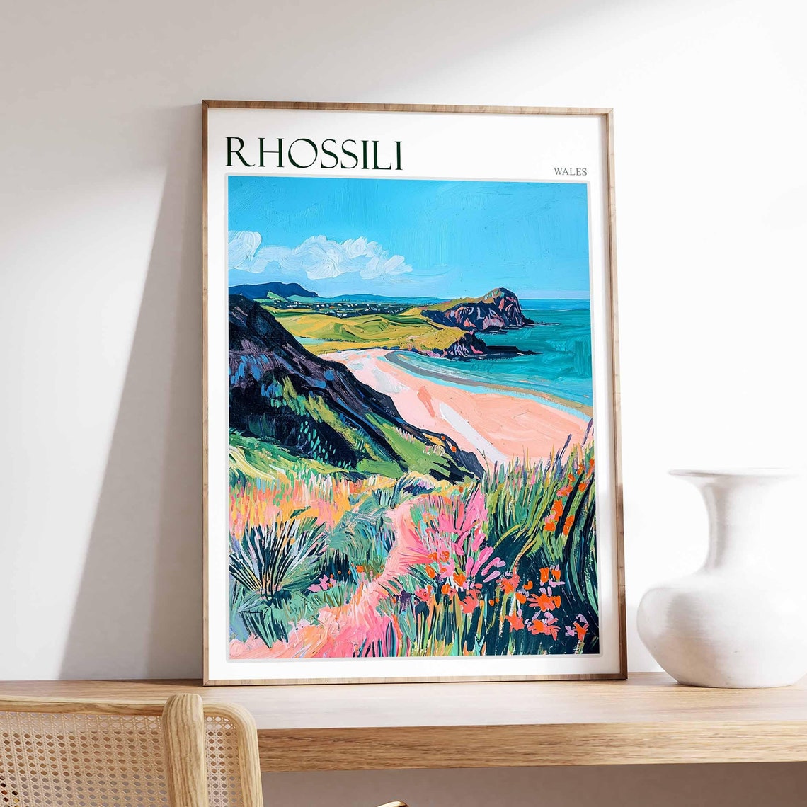 Rhossili Wales Coastal Path Wildflowers Pink Beach Art Poster
