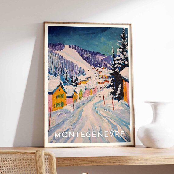 Montgenevre France Dusk Village Lights Floodlit Piste Painterly Poster