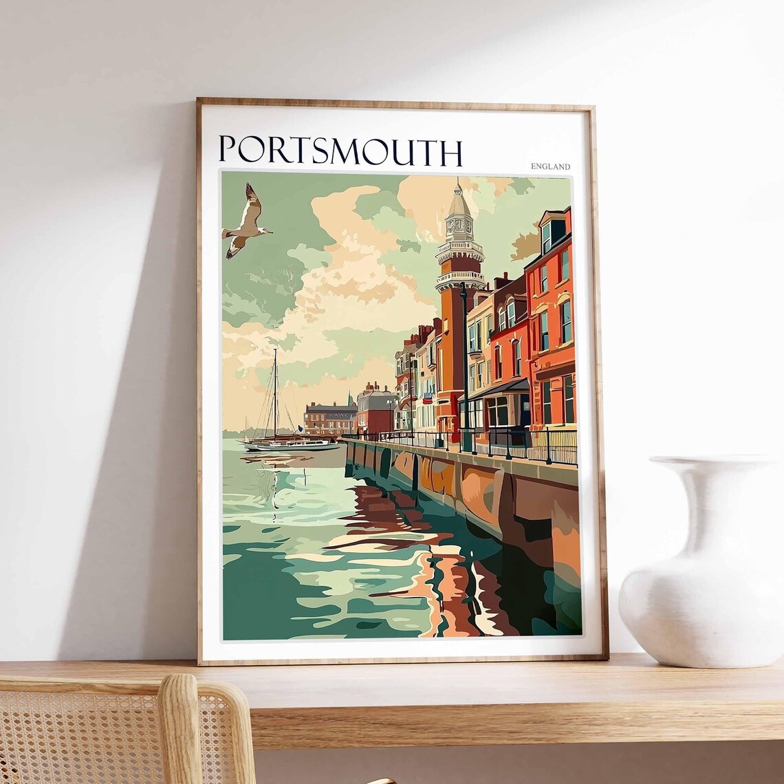 Portsmouth England Vintage Harbor Clock Tower Flat Style Poster