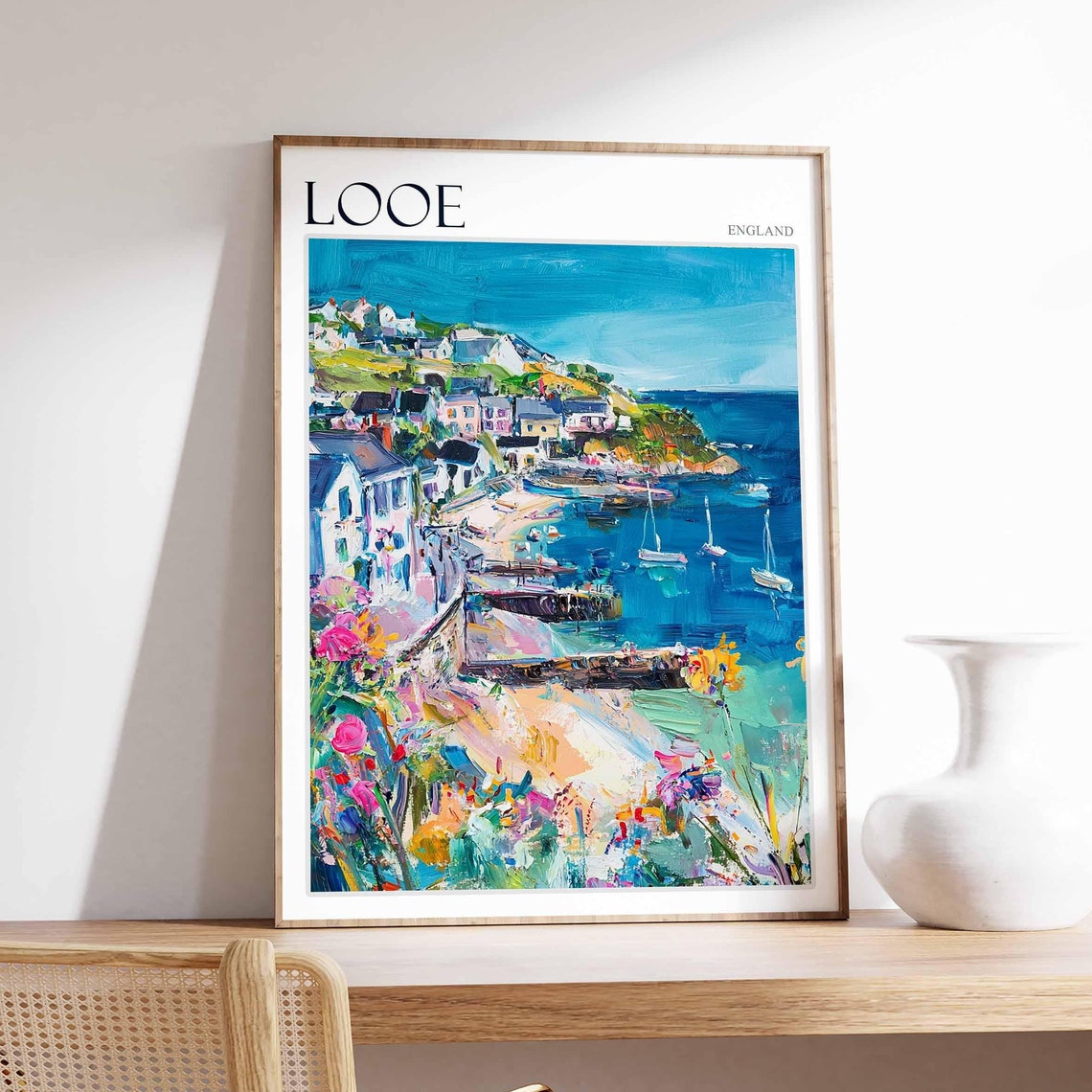 Looe England Impressionist Harbor Flowers Boats Seaside Bloom Poster