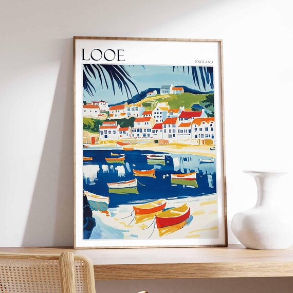 Looe England Moored Boats Red Roofed White Houses Harbor Poster