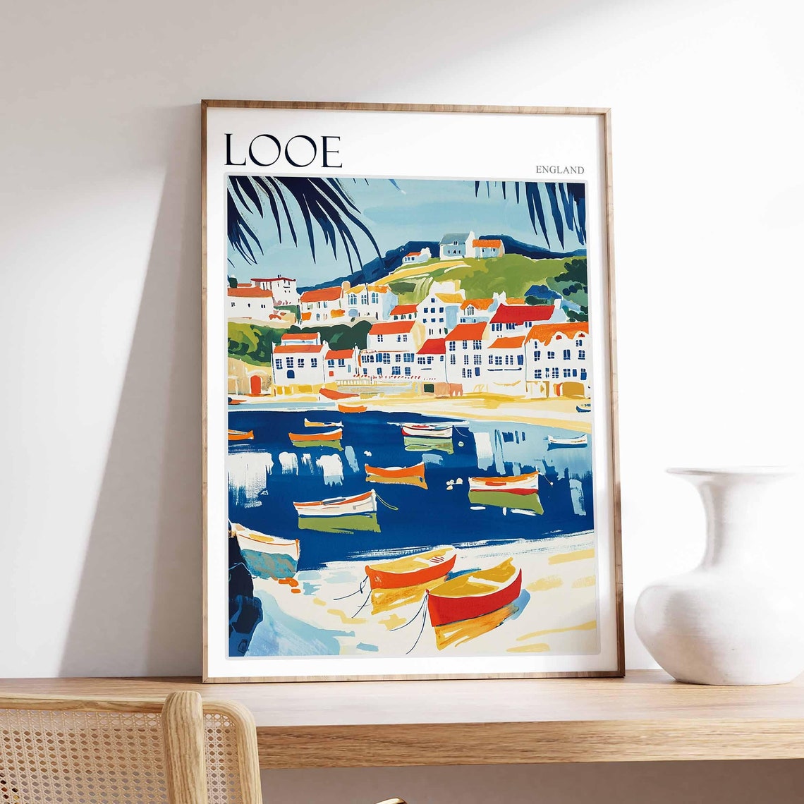 Looe England Moored Boats Red Roofed White Houses Harbor Poster