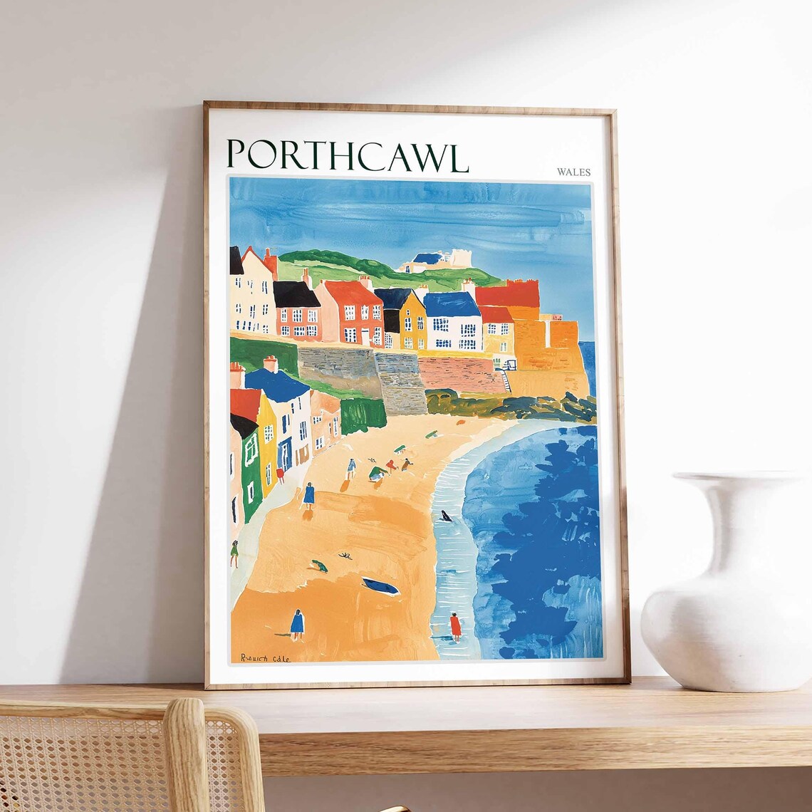 Porthcawl Wales Sandy Beach Bathers Colorful Shore Houses Art Poster