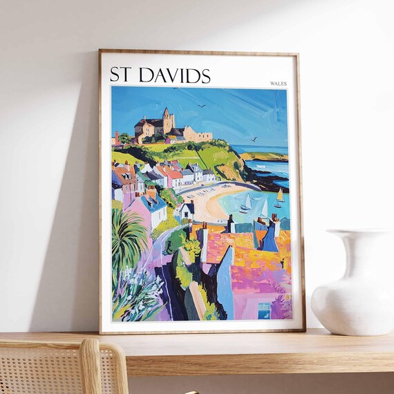 St Davids Wales Lively Colorful Rooftops Church Beach Scene Poster