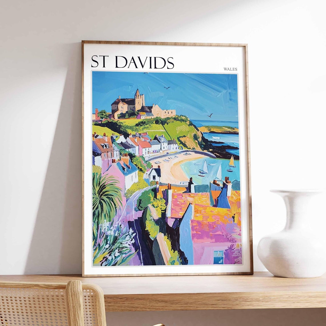 St Davids Wales Lively Colorful Rooftops Church Beach Scene Poster