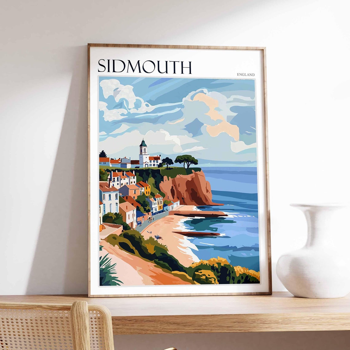 Sidmouth England Cliff Town Church Tower Calm Sea Retro Art Poster