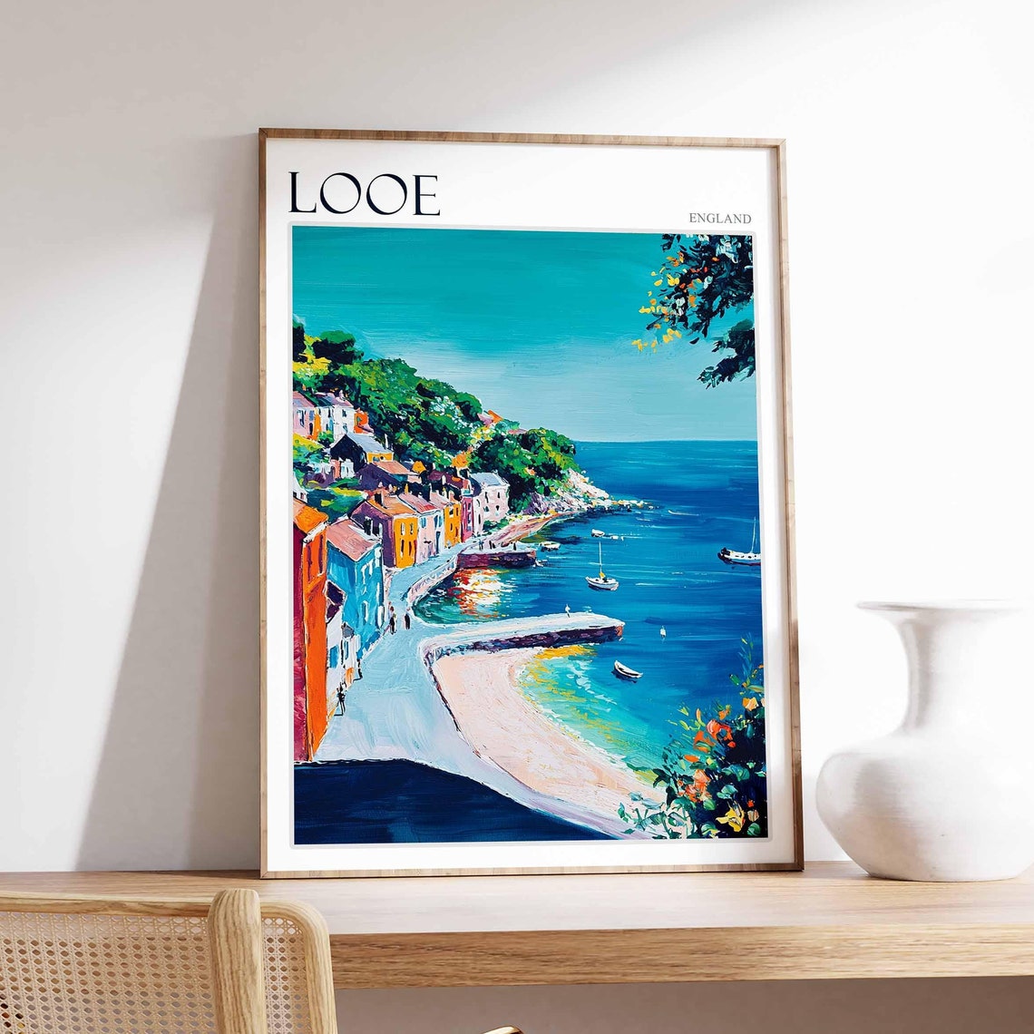 Looe England Sandy Cove Beach Curve Boats Cliffs Coastal View Poster