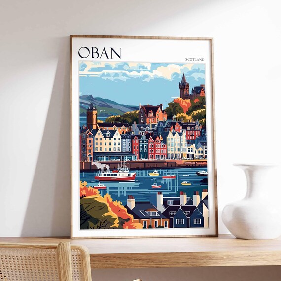 Oban Busy Harbor Ferry Colorful Buildings Scotland Travel Poster
