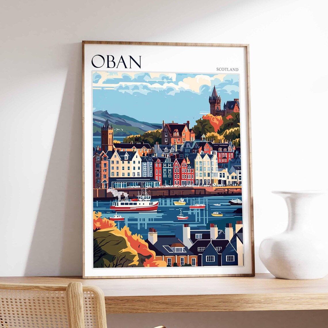 Oban Busy Harbor Ferry Colorful Buildings Scotland Travel Poster