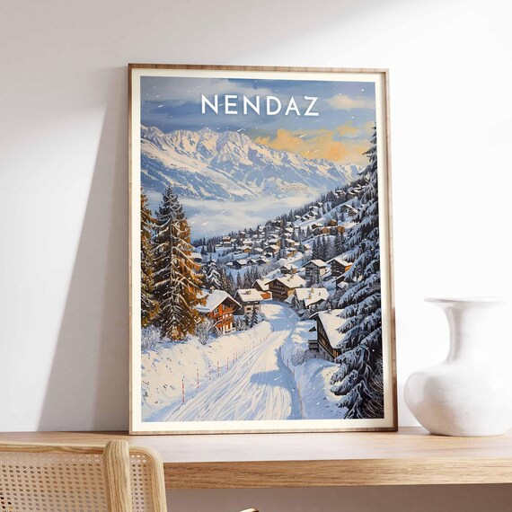 Nendaz Switzerland Golden Hour Peaks Above Village Groomed Piste Poster