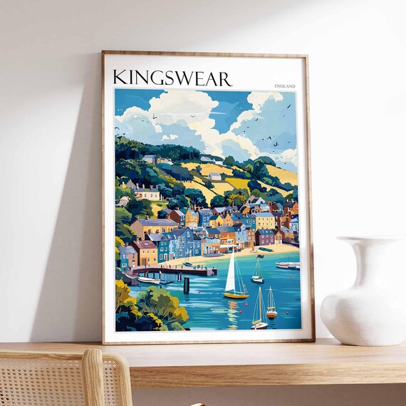 Kingswear England Harbor Jetty Colorful Hillside Houses Sails Poster
