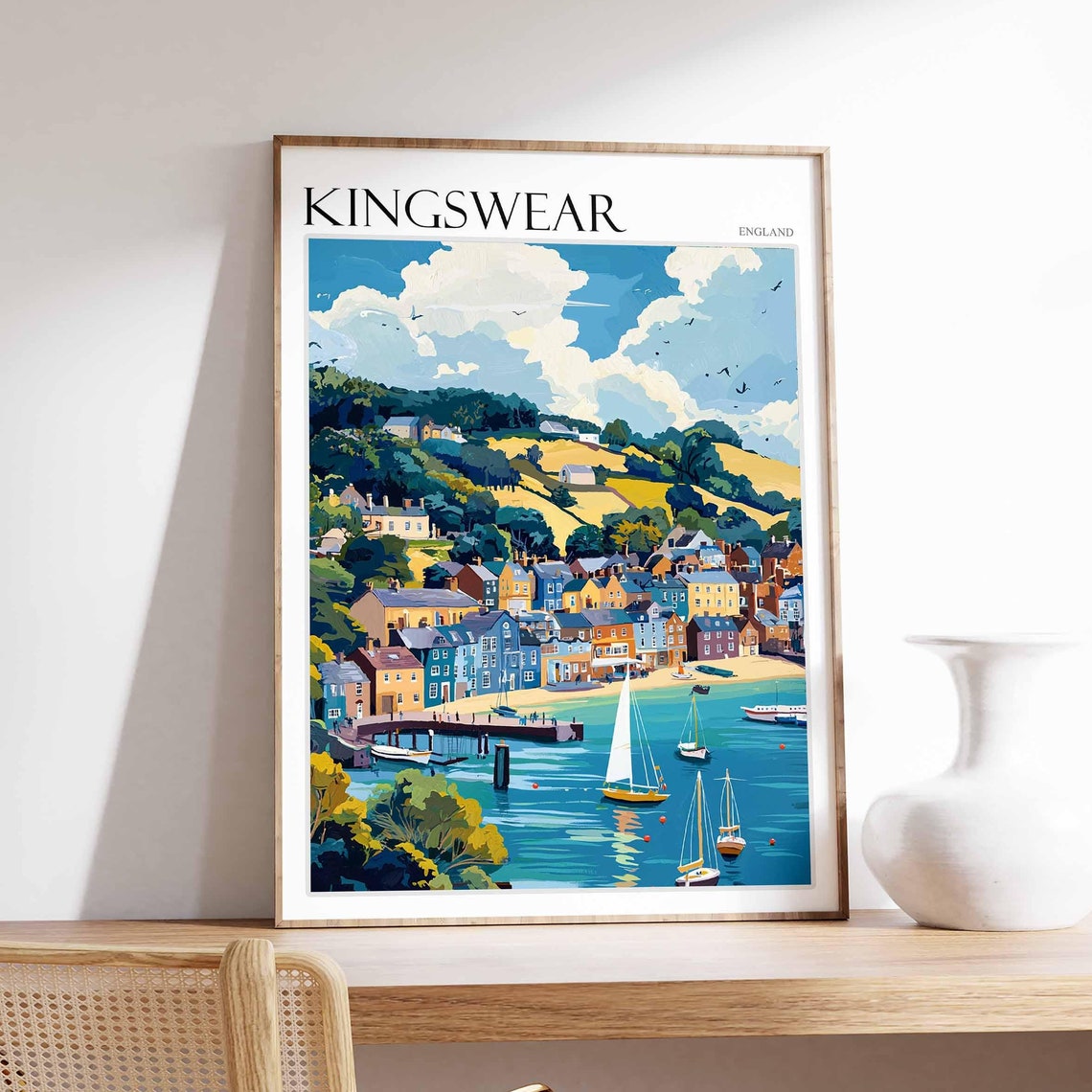 Kingswear England Harbor Jetty Colorful Hillside Houses Sails Poster