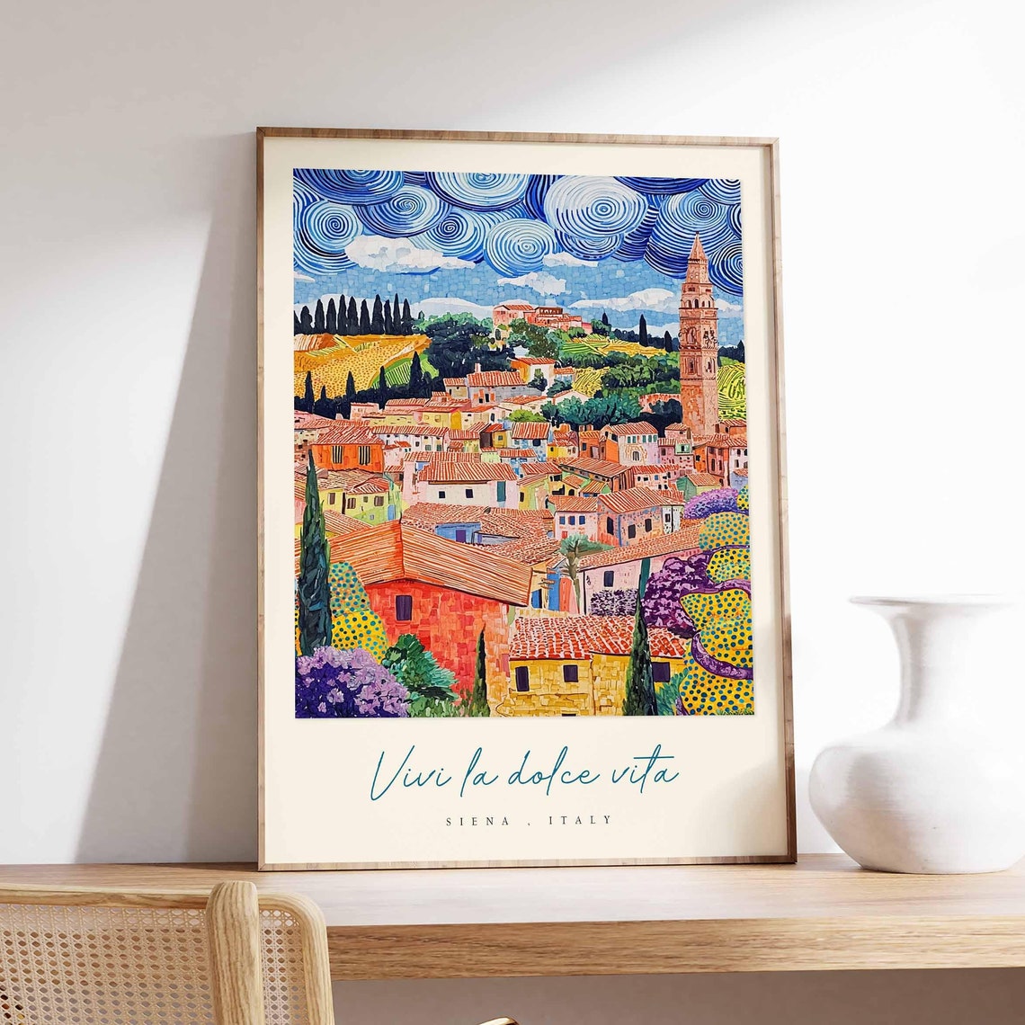 Siena Italy Swirling Sky Medieval Tower Folk Art Travel Poster