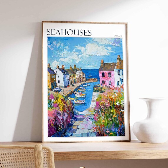Seahouses Harbour Fishing Boats Floral Art Travel Poster England