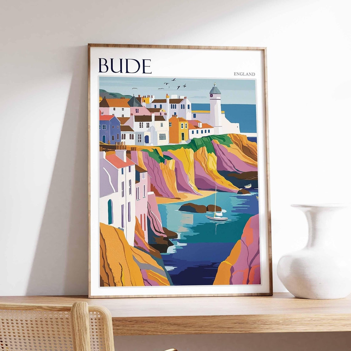 Bude Cornwall England Cliffside Town and White Lighthouse View Poster