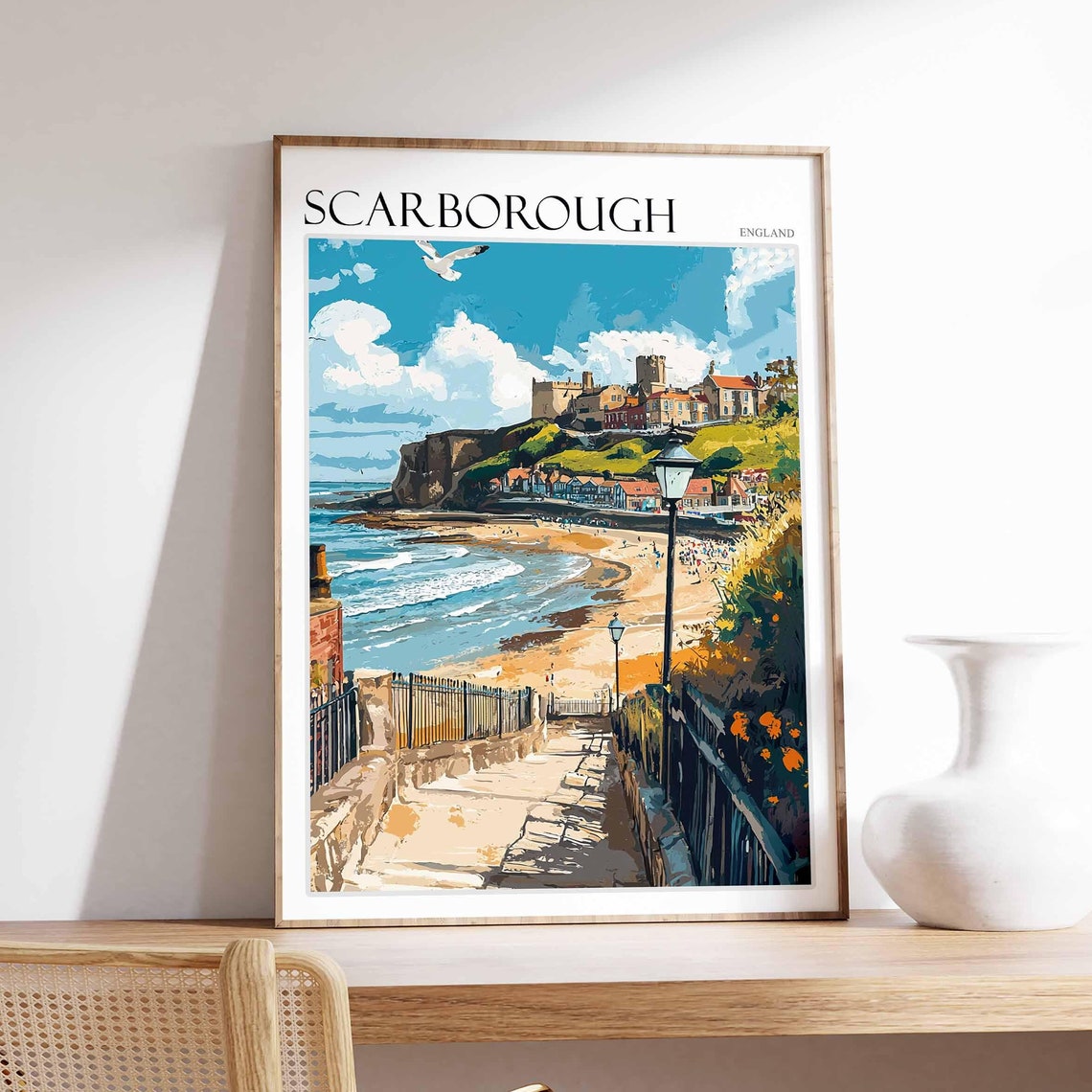 Scarborough Steps Down To Beach Castle Lamp Poster England Coast
