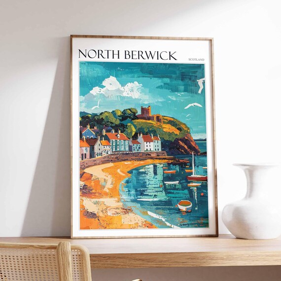 North Berwick Castle Hill Bay Seagulls Scotland Travel Poster