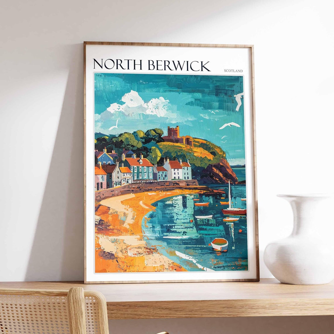 North Berwick Castle Hill Bay Seagulls Scotland Travel Poster