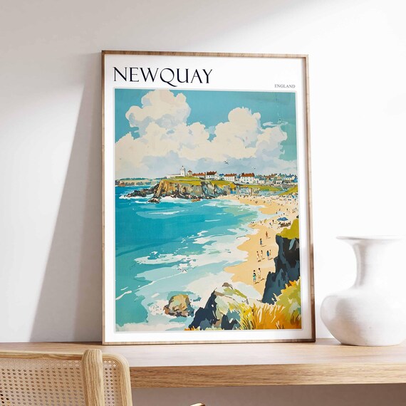 Newquay England Wide Beach Rocky Cliffs Headland Town Poster