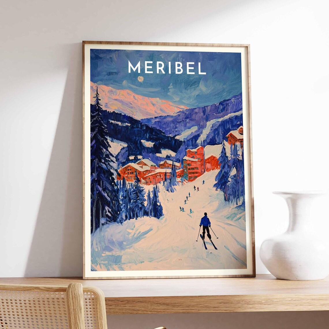Meribel Ski Resort Twilight Slopes France Alpine Travel Poster