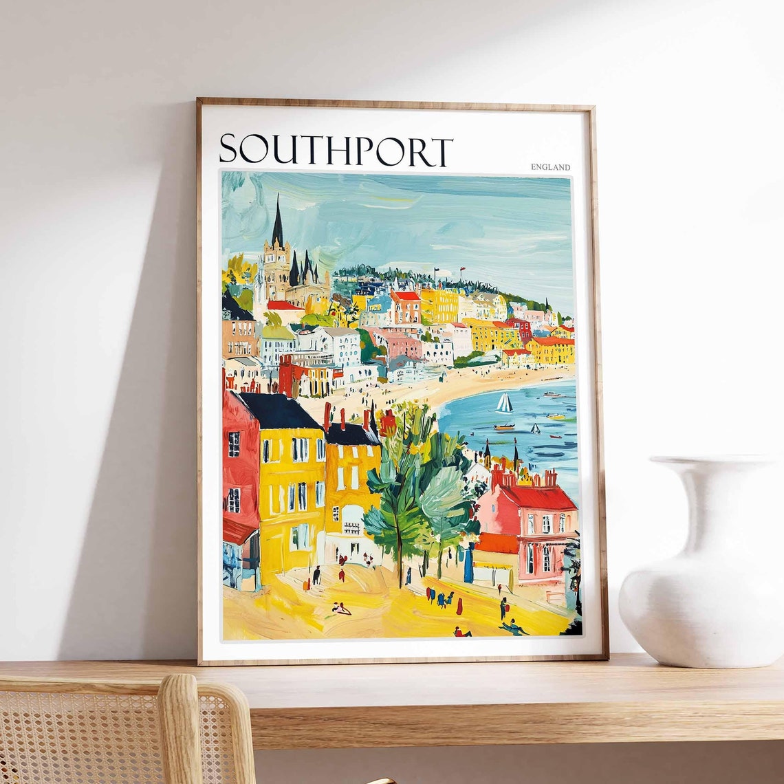 Southport England Colorful Old Town Beach Scene Travel Poster