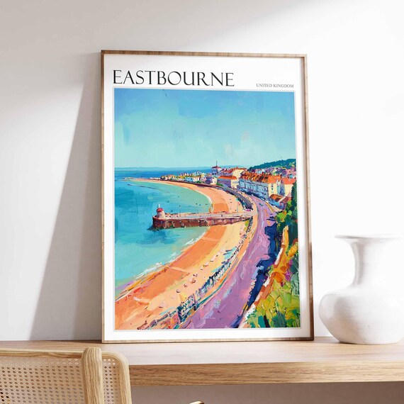 Eastbourne Pier Lighthouse Curved Beach Vintage Travel Art Poster