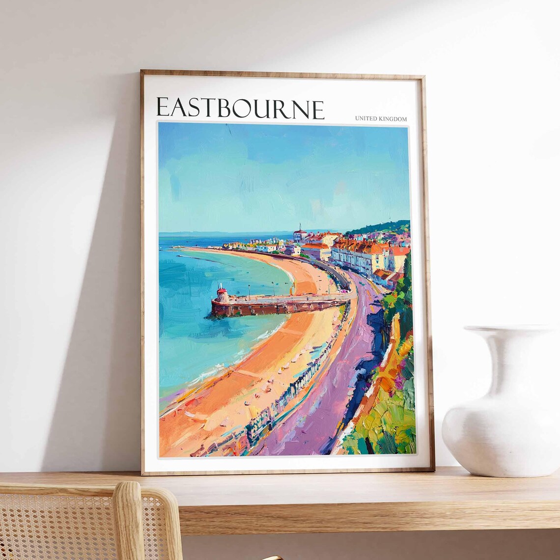 Eastbourne Pier Lighthouse Curved Beach Vintage Travel Art Poster