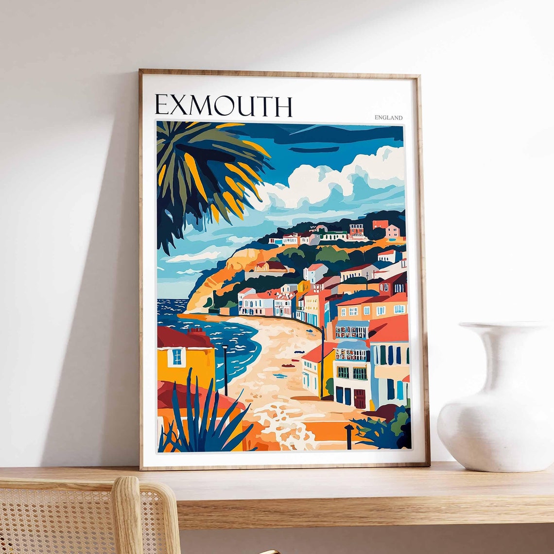 Exmouth England Palm Beach Colorful Seafront Flat Art Poster