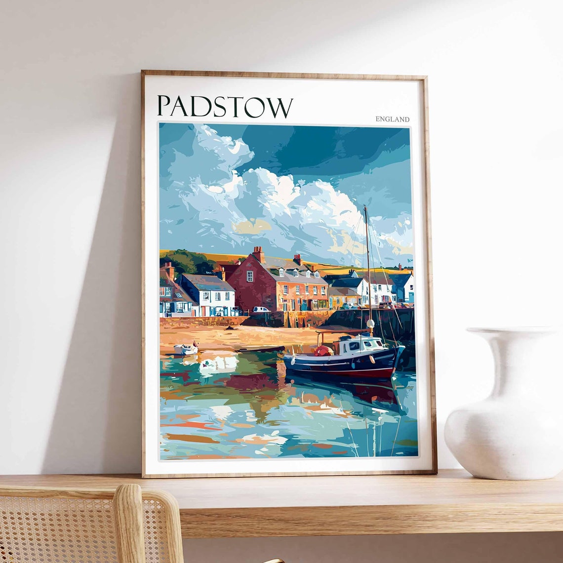 Padstow England Sailboat Brick Buildings Scene Vintage Travel Poster